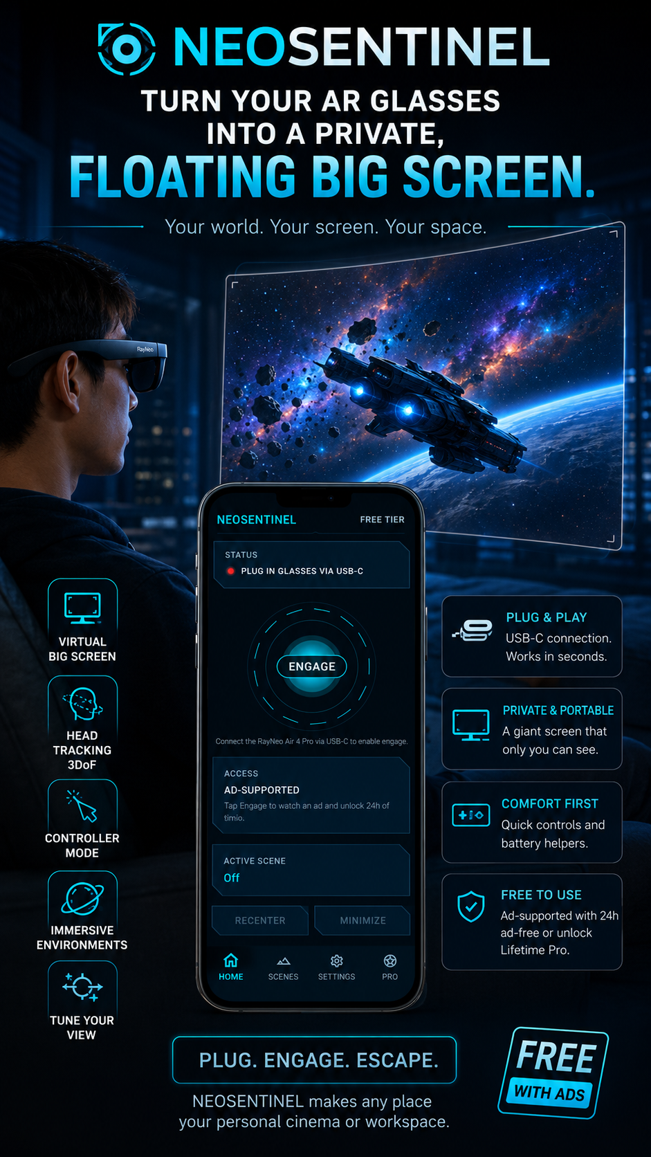 NeoSentinel screenshot: turn your AR glasses into a private floating big screen, the Engage home screen