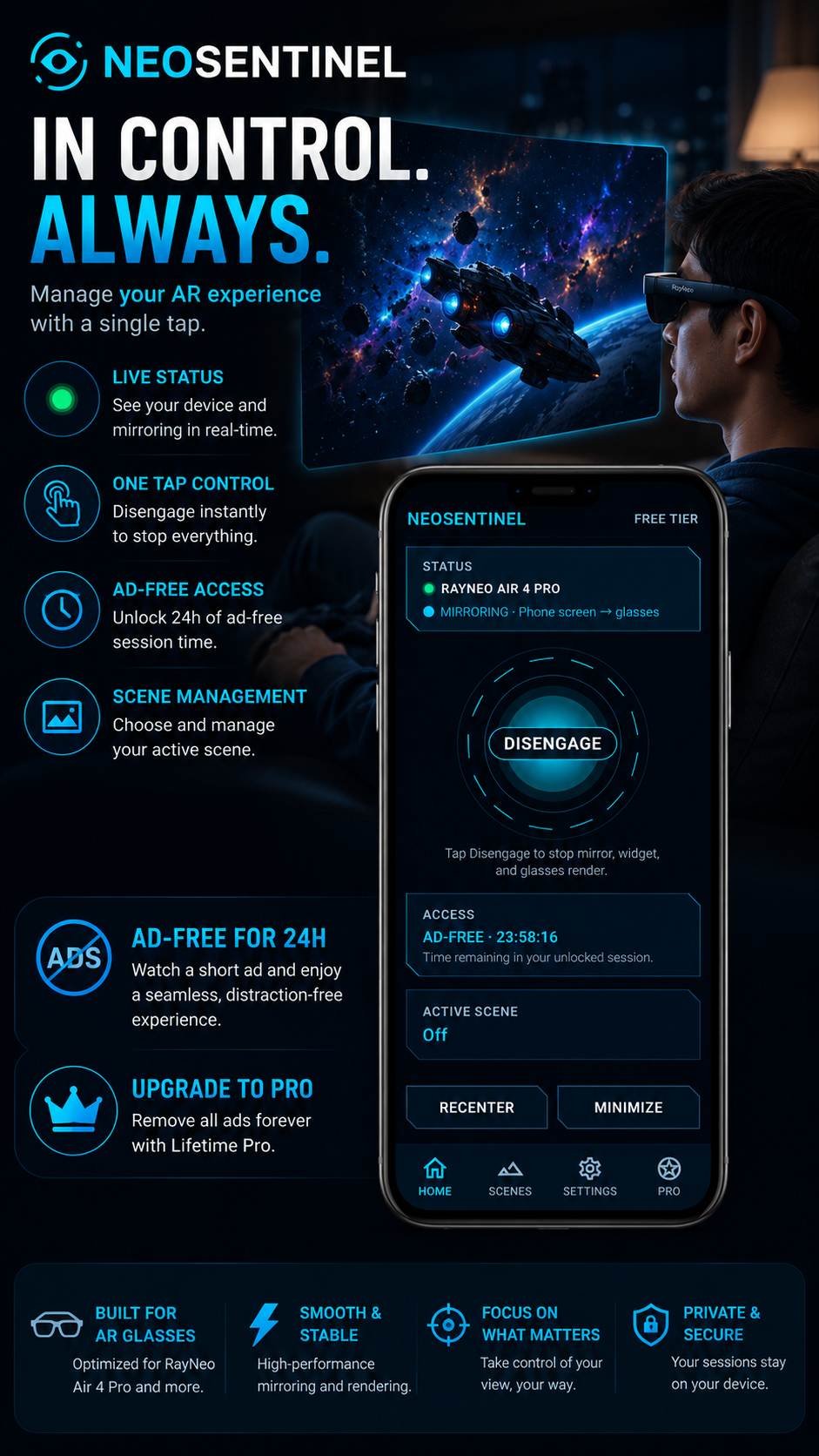 NeoSentinel screenshot: live status and one-tap disengage while mirroring to glasses