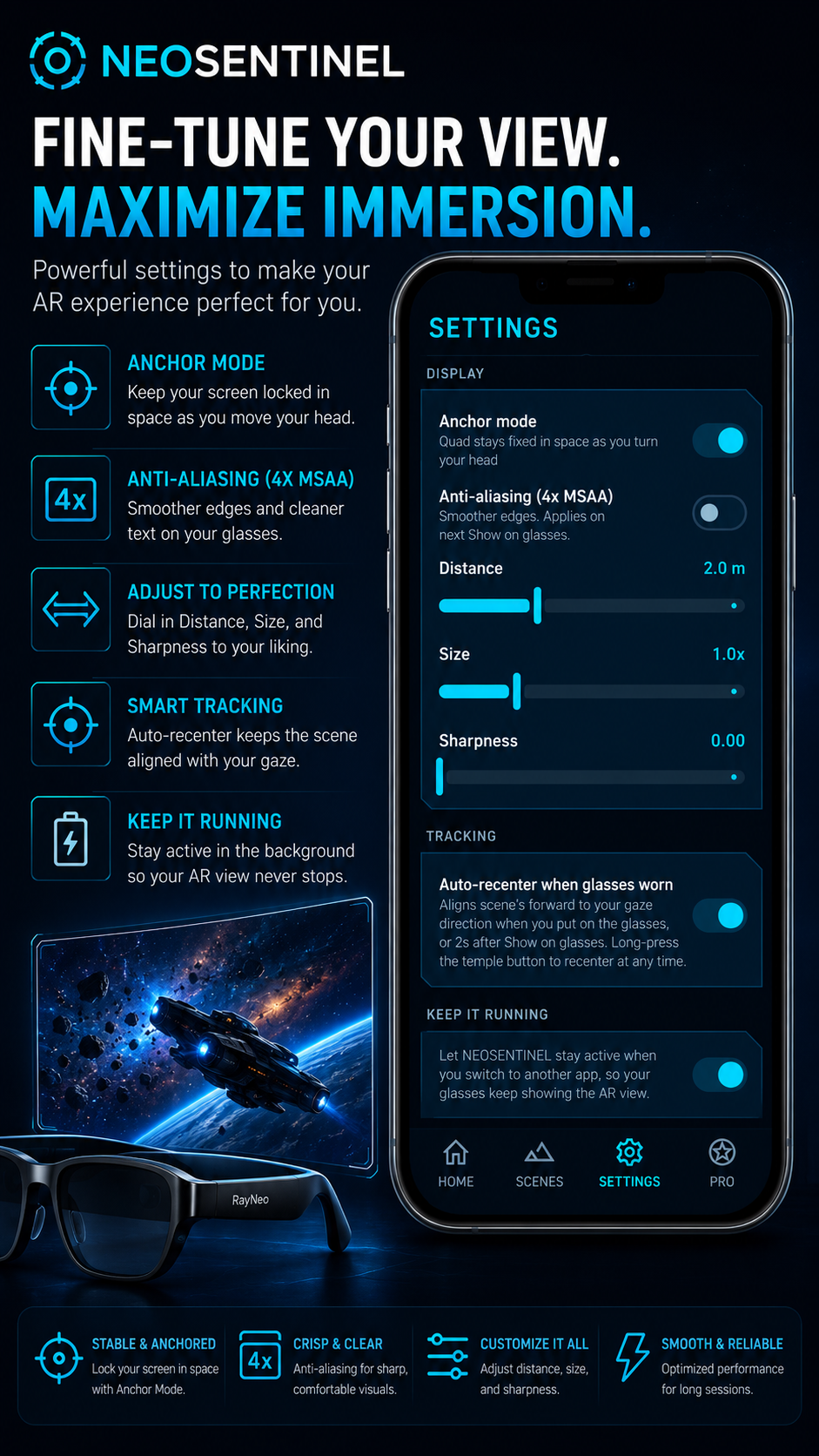 NeoSentinel screenshot: fine-tune anchor mode, anti-aliasing, distance, size, and sharpness