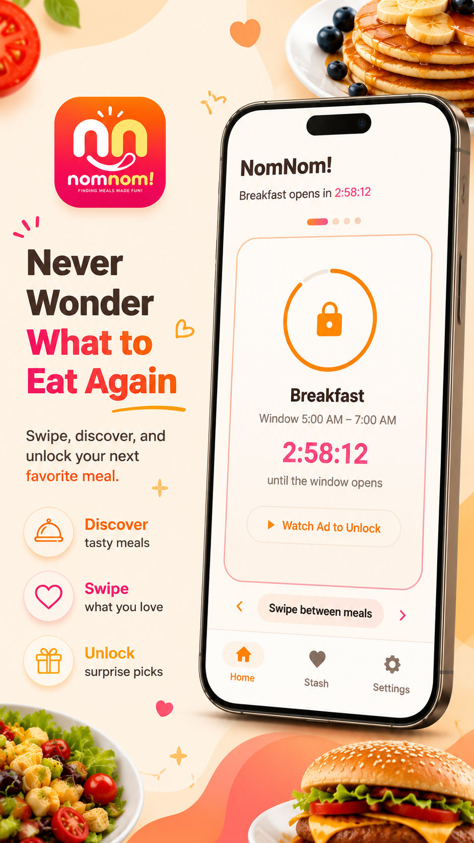 NomNom! screenshot: never wonder what to eat again; discover, swipe, and unlock your next meal
