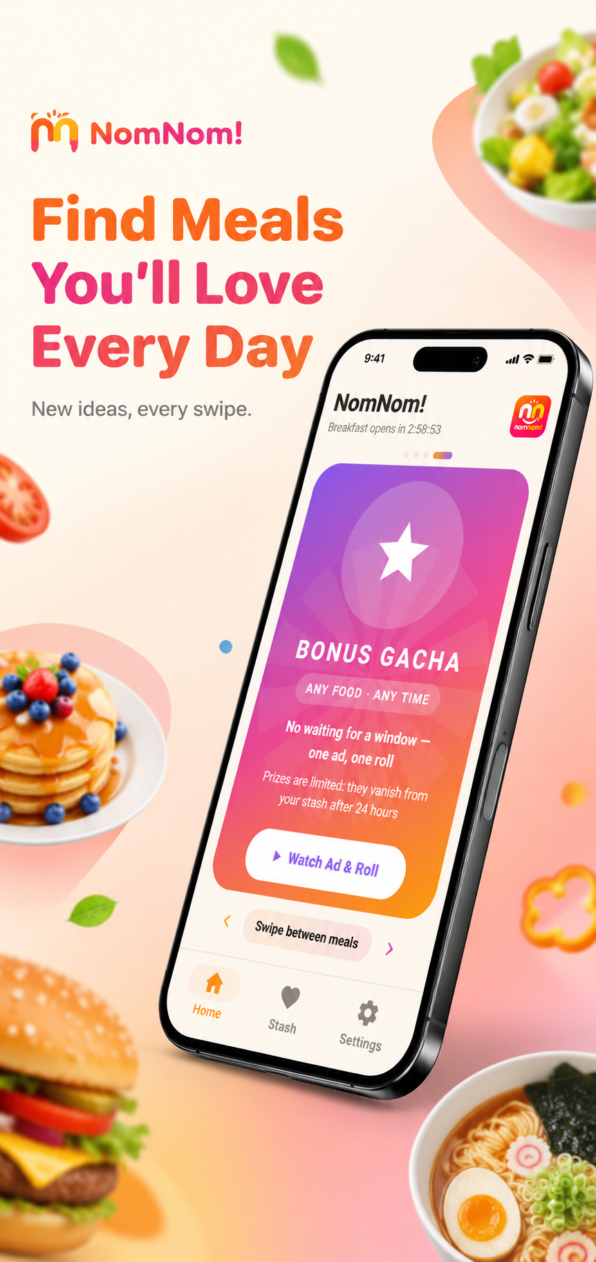 NomNom! screenshot, bonus gacha: watch an ad and roll for any food, any time