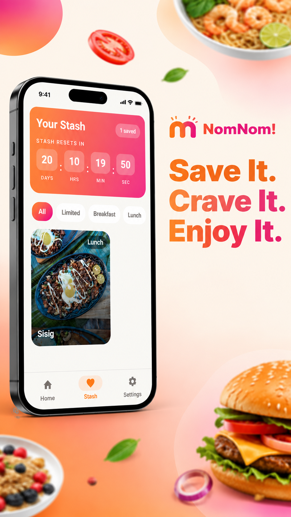 NomNom! screenshot, your stash of saved meals: save it, crave it, enjoy it