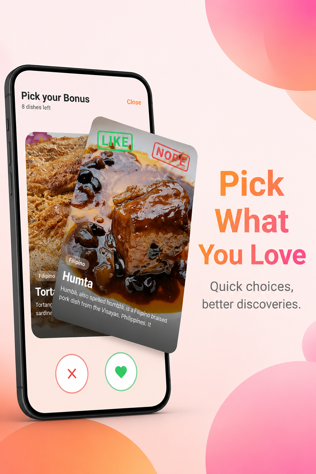 NomNom! screenshot: swipe like or nope on meal cards to pick what you love