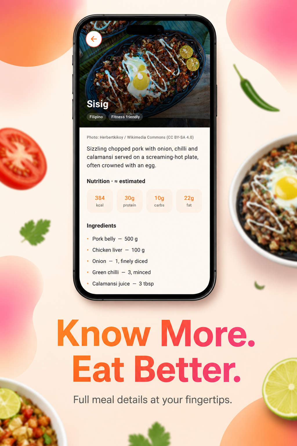 NomNom! screenshot: full meal details with nutrition and ingredients