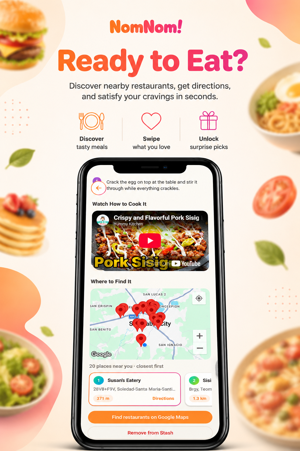 NomNom! screenshot: discover nearby restaurants on a map and how to cook it